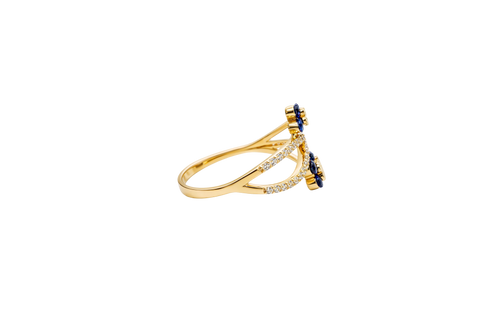 14KT Gold Ring Women's Navy Blue Round 4 Petal Flower White CZ Stones Split Band