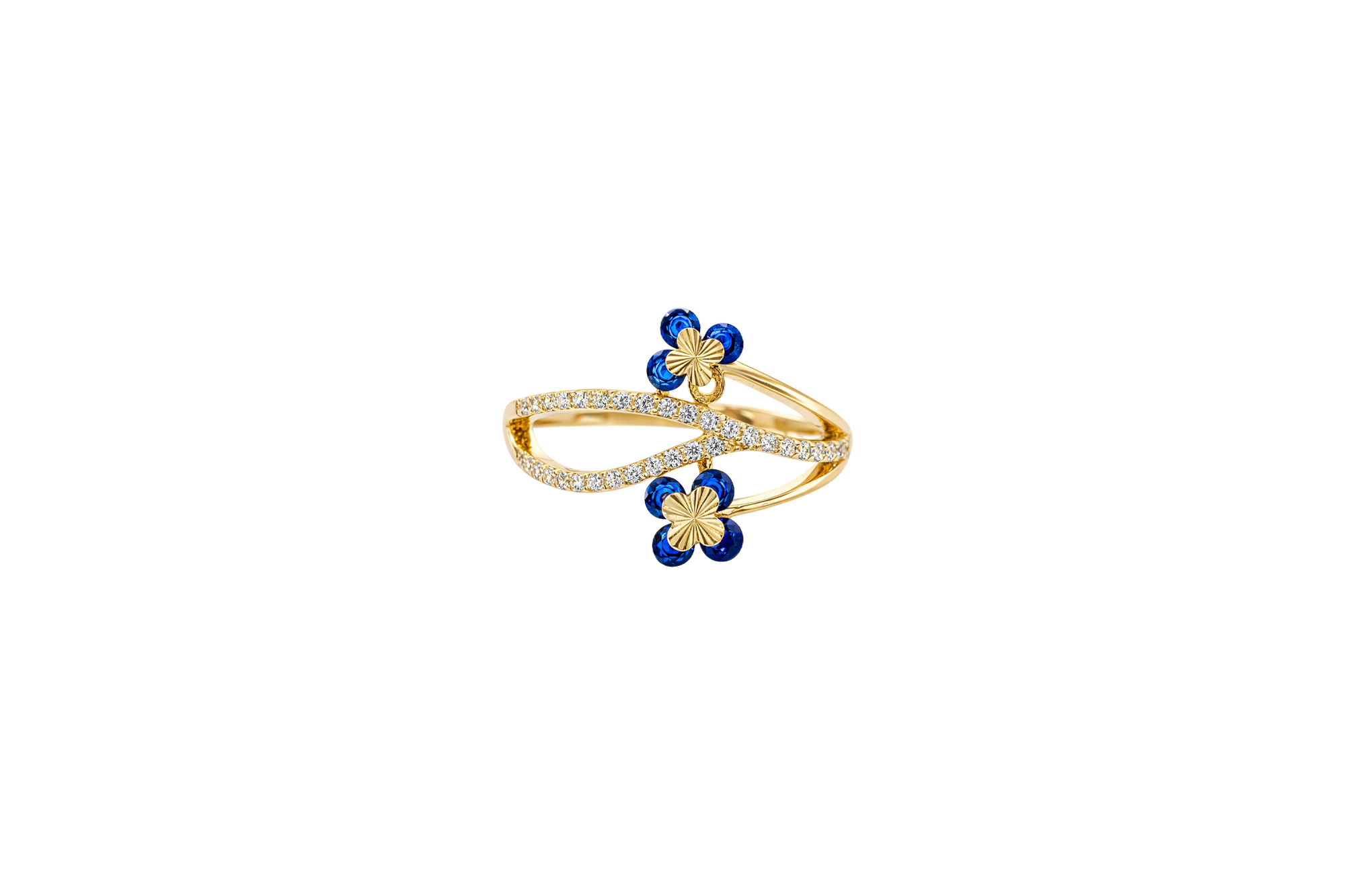 14KT Gold Ring Women's Navy Blue Round 4 Petal Flower White CZ Stones Split Band