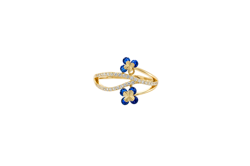 14KT Gold Ring Women's Navy Blue Round 4 Petal Flower White CZ Stones Split Band