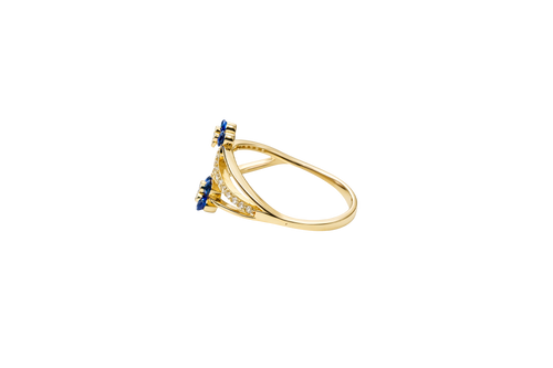 14KT Gold Ring Women's Navy Blue Round 4 Petal Flower White CZ Stones Split Band