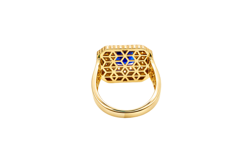 14KT Gold Women's Ring Navy Blue Square Center CZ Stone Double Platform Border of Round White CZ Stones Mock Link Border Plain Band