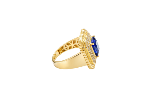 14KT Gold Women's Ring Navy Blue Square Center CZ Stone Double Platform Border of Round White CZ Stones Mock Link Border Plain Band