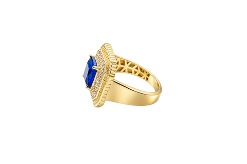 14KT Gold Women's Ring Navy Blue Square Center CZ Stone Double Platform Border of Round White CZ Stones Mock Link Border Plain Band