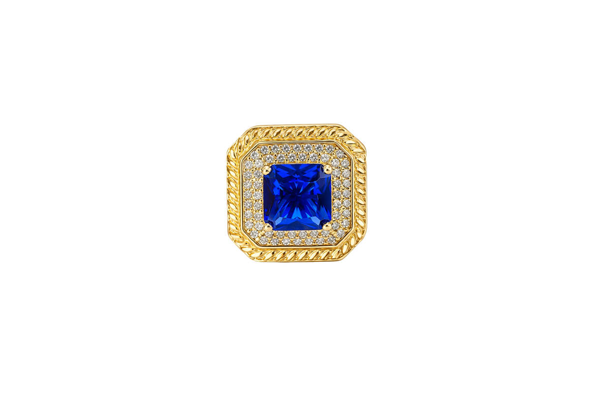 14KT Gold Women's Ring Navy Blue Square Center CZ Stone Double Platform Border of Round White CZ Stones Mock Link Border Plain Band