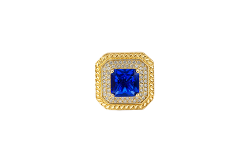 14KT Gold Women's Ring Navy Blue Square Center CZ Stone Double Platform Border of Round White CZ Stones Mock Link Border Plain Band