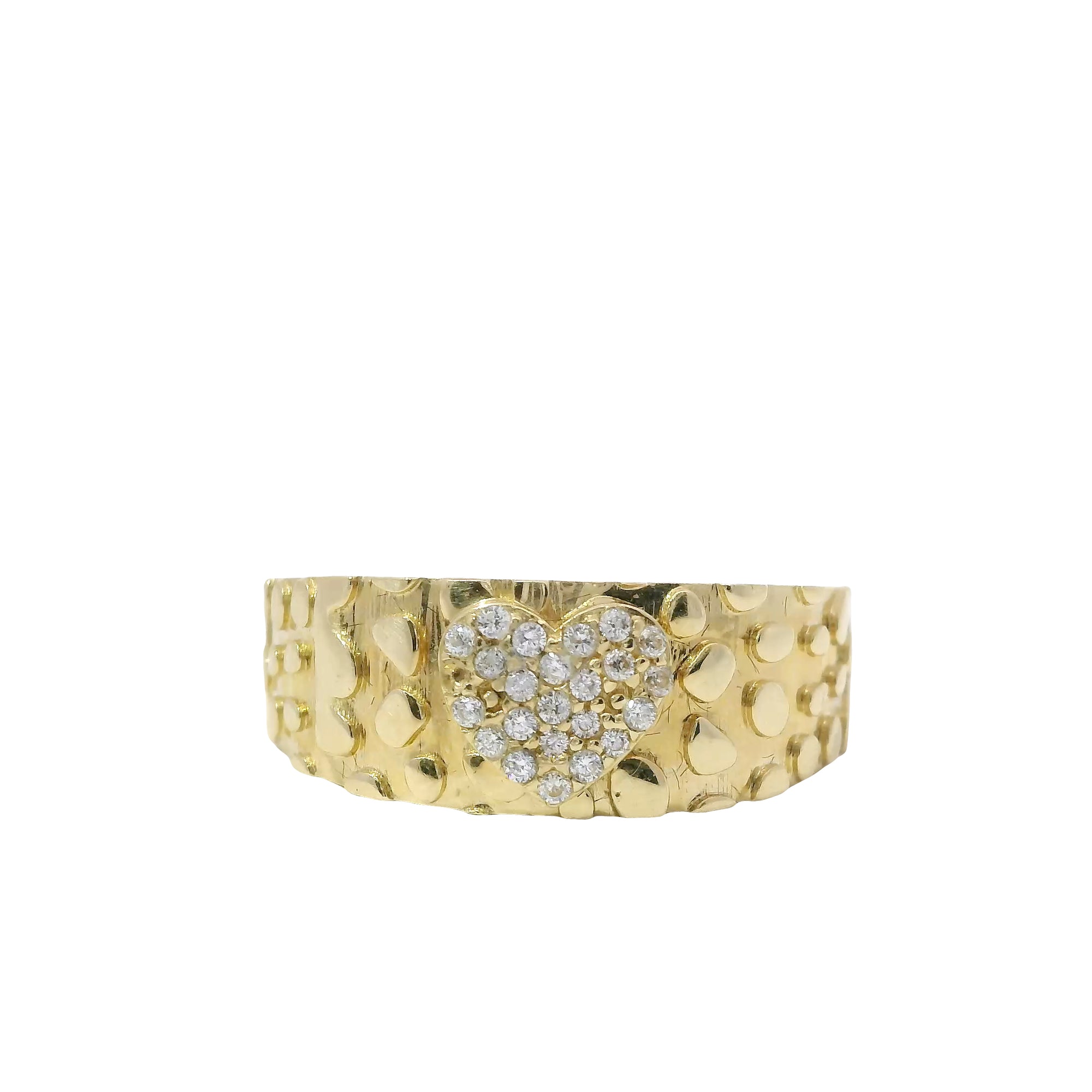 14KT Gold Ring Women's White CZ Stone Heart Center Cluster with Nugget Band