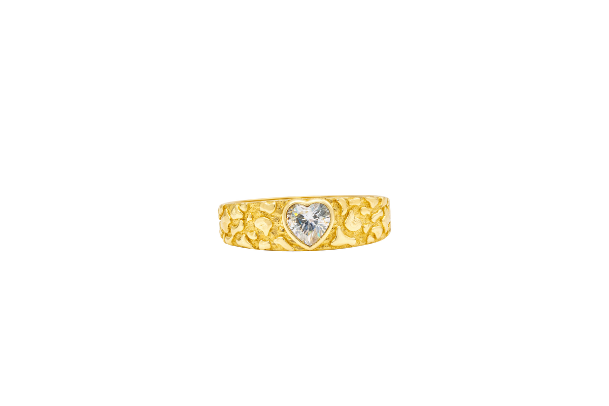 14KT Gold Ring Women's Nugget Band with Heart Shape White CZ Center Stone Plain Border and White CZ Stones on Edge of Band