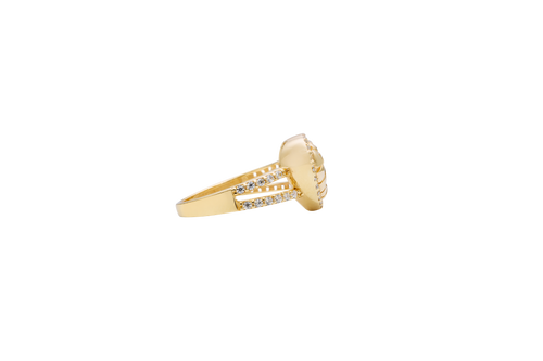 14KT Gold Ring Women's Nugget Puff Heart Center with White CZ Stones on Border and Split Band