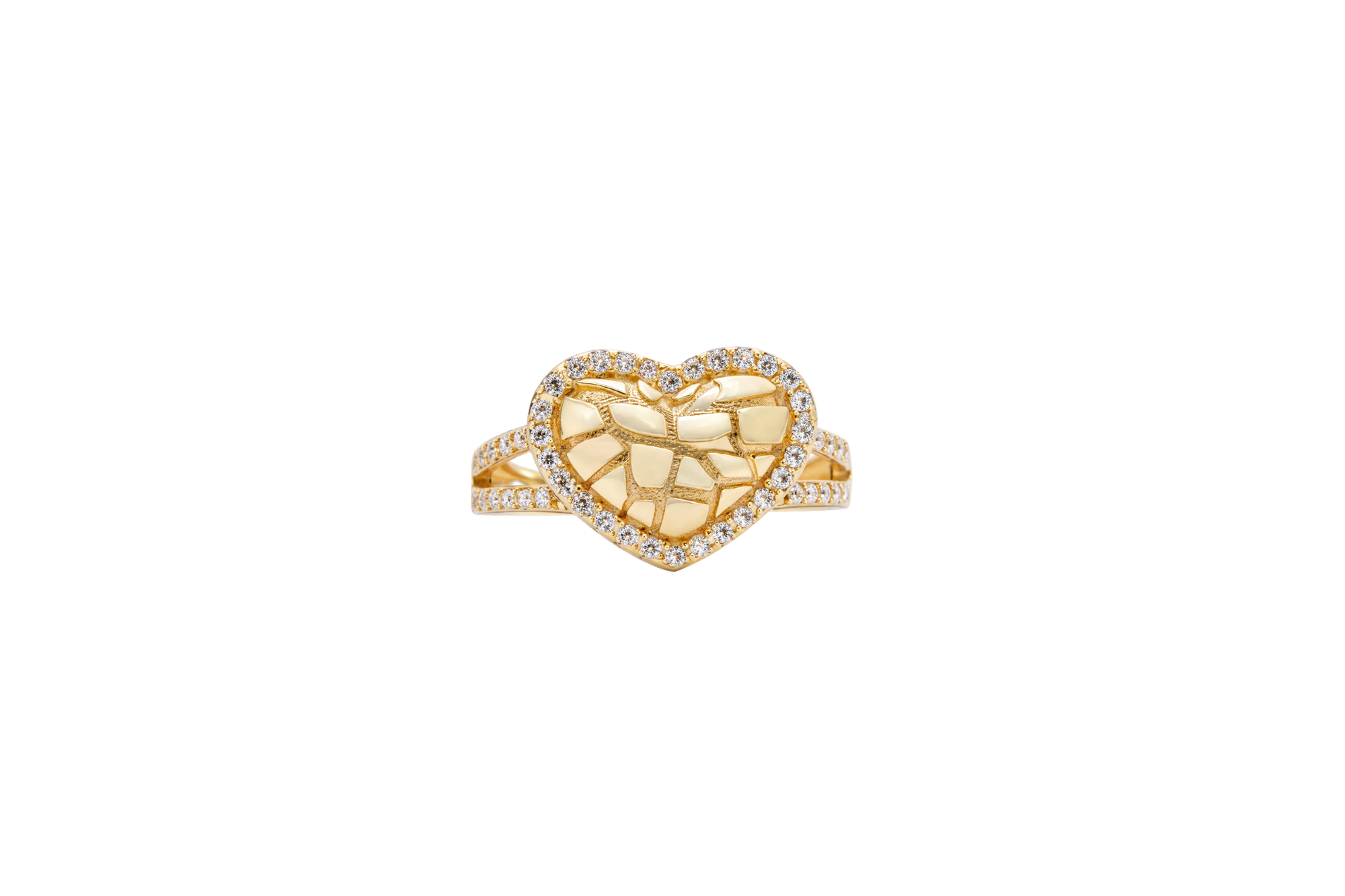 14KT Gold Ring Women's Nugget Puff Heart Center with White CZ Stones on Border and Split Band