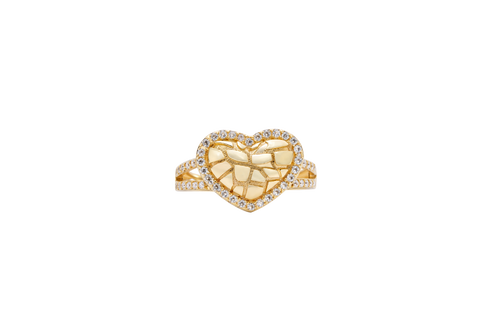 14KT Gold Ring Women's Nugget Puff Heart Center with White CZ Stones on Border and Split Band