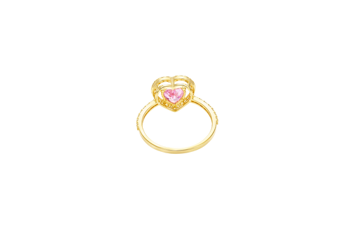 14KT Gold Ring Women's Open White CZ Heart Shape and Band with Smaller Pink Heart Shape CZ Center Stone