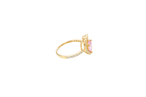 14KT Gold Ring Women's Open White CZ Heart Shape and Band with Smaller Pink Heart Shape CZ Center Stone