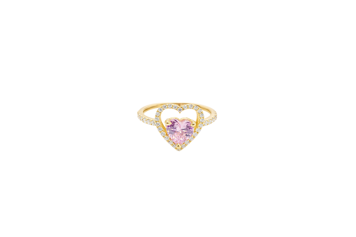 14KT Gold Ring Women's Open White CZ Heart Shape and Band with Smaller Pink Heart Shape CZ Center Stone