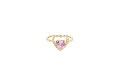 14KT Gold Ring Women's Open White CZ Heart Shape and Band with Smaller Pink Heart Shape CZ Center Stone