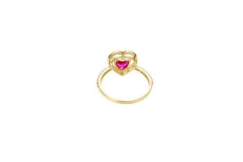 14KT Gold Ring Women's Open White CZ Heart Shape and Band with Smaller Red Heart Shape CZ Center Stone