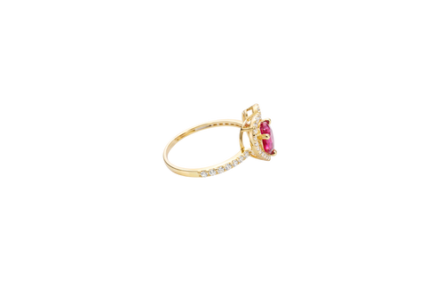 14KT Gold Ring Women's Open White CZ Heart Shape and Band with Smaller Red Heart Shape CZ Center Stone