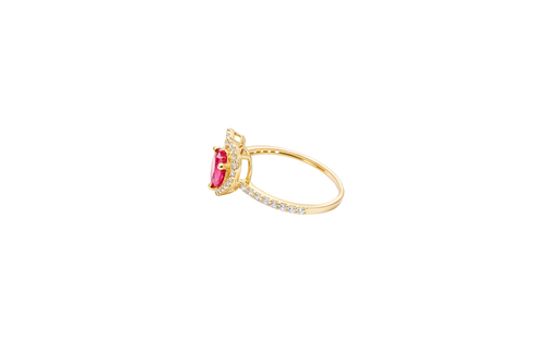 14KT Gold Ring Women's Open White CZ Heart Shape and Band with Smaller Red Heart Shape CZ Center Stone