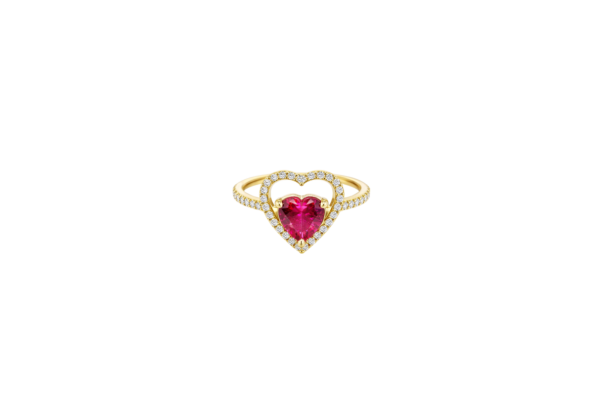 14KT Gold Ring Women's Open White CZ Heart Shape and Band with Smaller Red Heart Shape CZ Center Stone