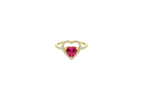 14KT Gold Ring Women's Open White CZ Heart Shape and Band with Smaller Red Heart Shape CZ Center Stone