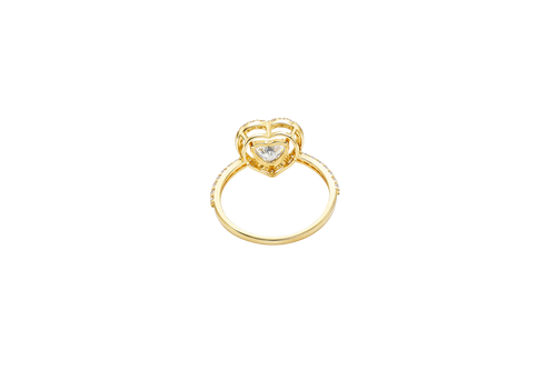 14KT Gold Ring Women's Open White CZ Heart Shape and Band with Smaller White Heart Shape CZ Center Stone