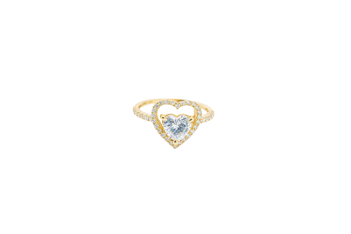 14KT Gold Ring Women's Open White CZ Heart Shape and Band with Smaller White Heart Shape CZ Center Stone