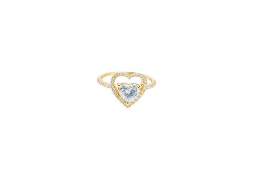 14KT Gold Ring Women's Open White CZ Heart Shape and Band with Smaller White Heart Shape CZ Center Stone