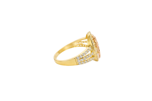 14KT Gold Ring Women's Oval Two Tone St Jude White CZ Stones Background Border Double Split CZ Band