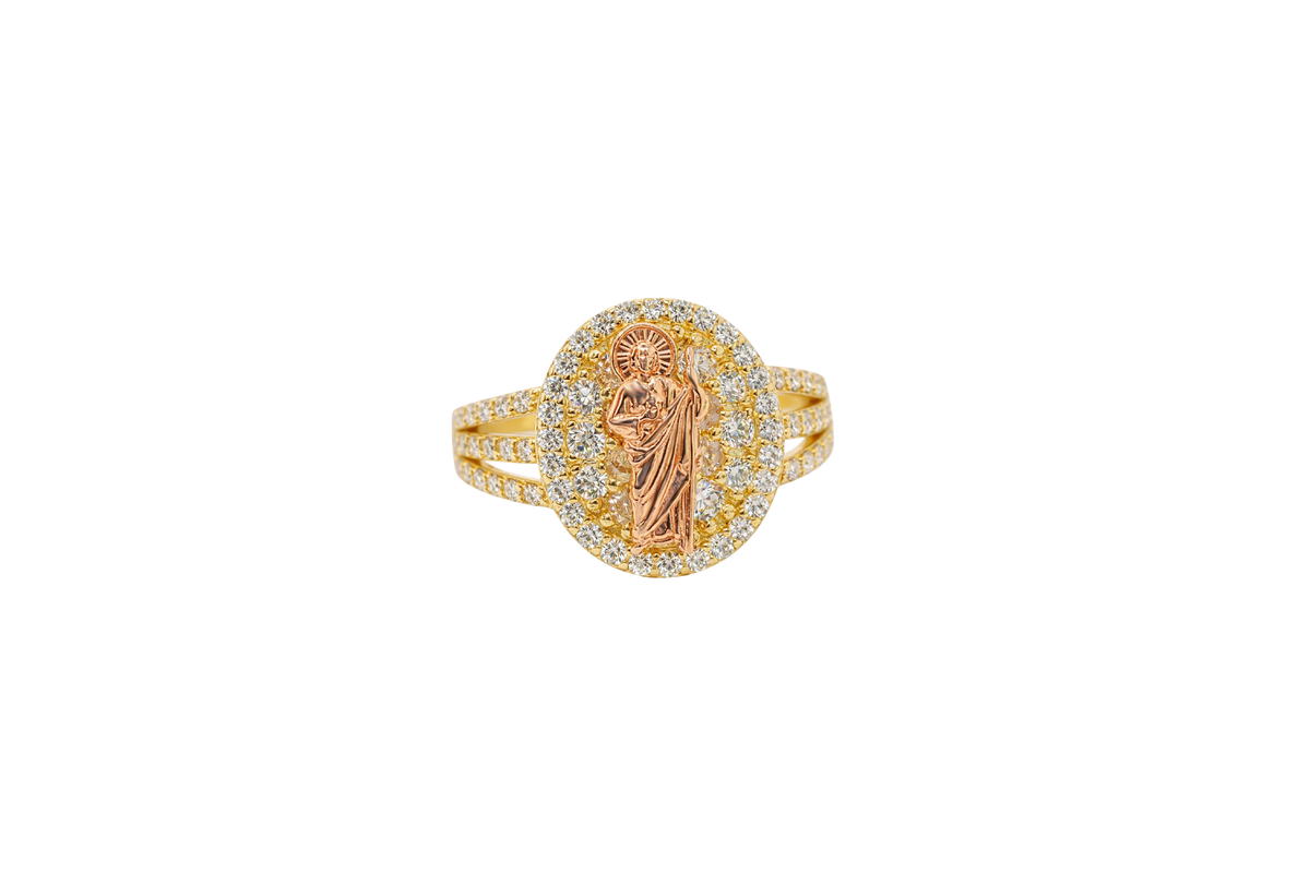 14KT Gold Ring Women's Oval Two Tone St Jude White CZ Stones Background Border Double Split CZ Band