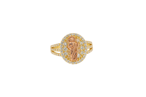 14KT Gold Ring Women's Oval Two Tone St Jude White CZ Stones Background Border Double Split CZ Band