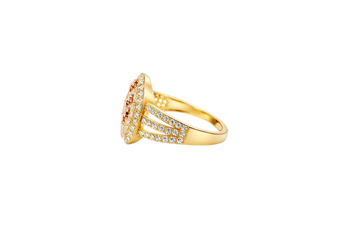 14KT Gold Ring Women's Oval Two Tone St Jude White CZ Stones Background Border Double Split CZ Band