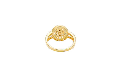 14KT Gold Ring Women's Two Tone Oval Coin Virgin Mary Coin White CZ Stones Background with White CZ Stones Double Split Band