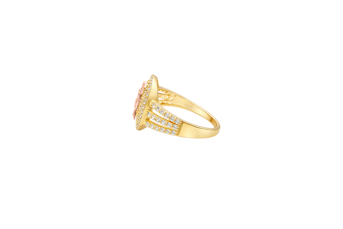 14KT Gold Ring Women's Two Tone Oval Coin Virgin Mary Coin White CZ Stones Background with White CZ Stones Double Split Band