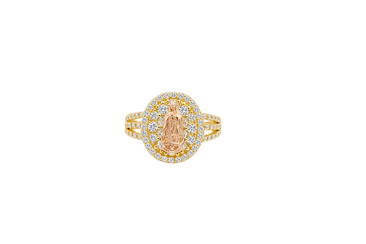 14KT Gold Ring Women's Two Tone Oval Coin Virgin Mary Coin White CZ Stones Background with White CZ Stones Double Split Band