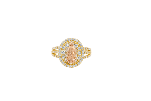 14KT Gold Ring Women's Two Tone Oval Coin Virgin Mary Coin White CZ Stones Background with White CZ Stones Double Split Band