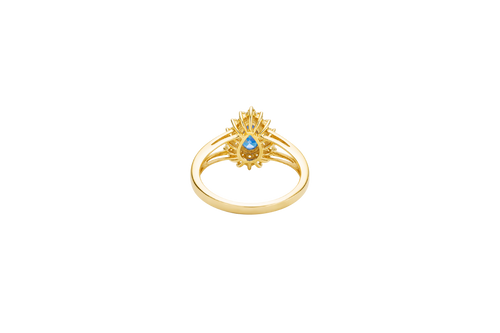 14KT Gold Ring Women's Pear Turquoise CZ Center with Round Double White CZ Stones Border and Plain Split Band