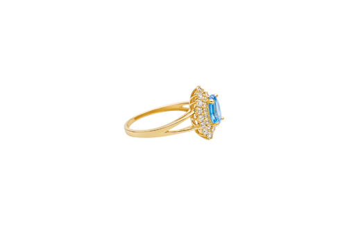 14KT Gold Ring Women's Pear Turquoise CZ Center with Round Double White CZ Stones Border and Plain Split Band