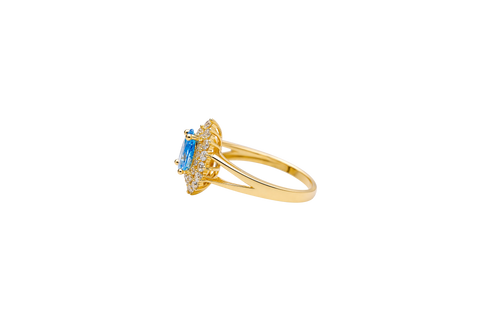 14KT Gold Ring Women's Pear Turquoise CZ Center with Round Double White CZ Stones Border and Plain Split Band