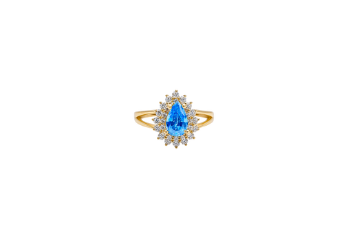14KT Gold Ring Women's Pear Turquoise CZ Center with Round Double White CZ Stones Border and Plain Split Band