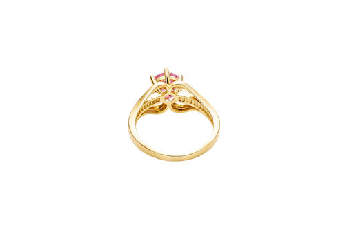 14KT Gold Ring Women's Pink Round 6 Prong Center CZ with White Baguette CZ Band and Plain Lips Border
