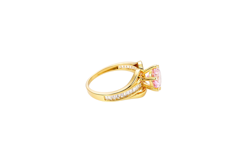 14KT Gold Ring Women's Pink Round 6 Prong Center CZ with White Baguette CZ Band and Plain Lips Border