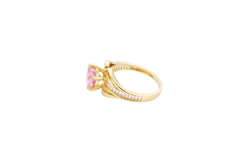 14KT Gold Ring Women's Pink Round 6 Prong Center CZ with White Baguette CZ Band and Plain Lips Border