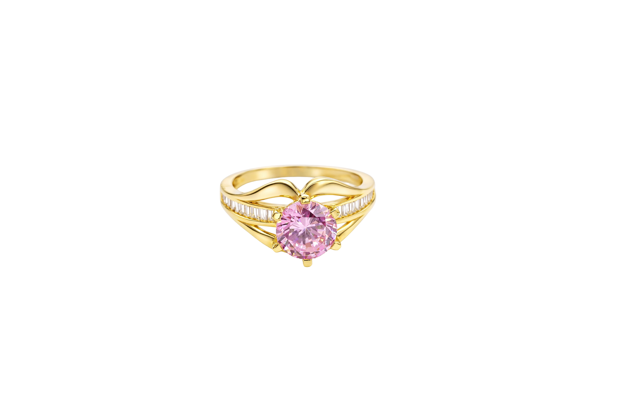 14KT Gold Ring Women's Pink Round 6 Prong Center CZ with White Baguette CZ Band and Plain Lips Border