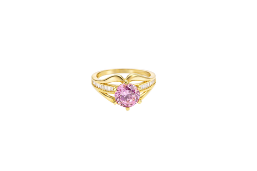 14KT Gold Ring Women's Pink Round 6 Prong Center CZ with White Baguette CZ Band and Plain Lips Border