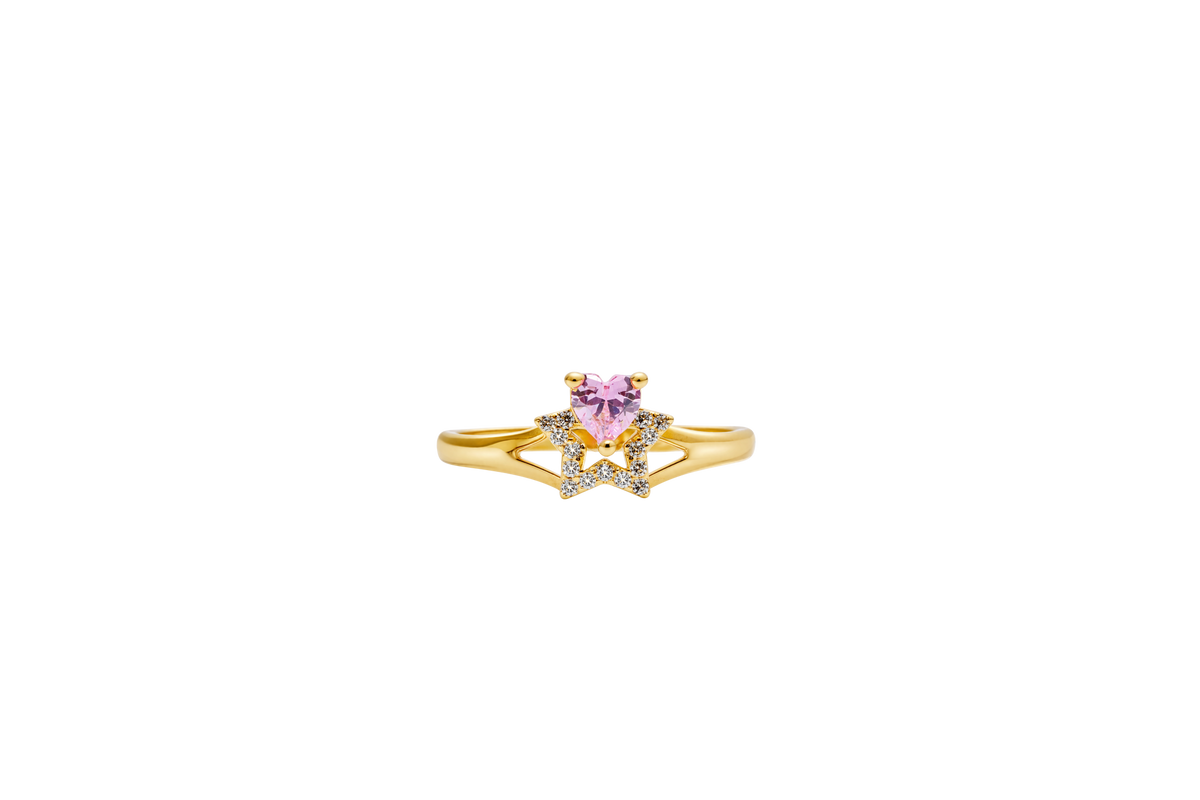 14KT Gold Ring Women's Pink CZ Top Stone with White CZ Stones Border Outline Only Star Shape Plain Split Band
