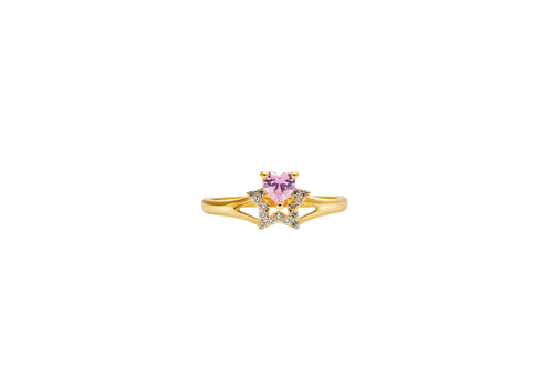 14KT Gold Ring Women's Pink CZ Top Stone with White CZ Stones Border Outline Only Star Shape Plain Split Band