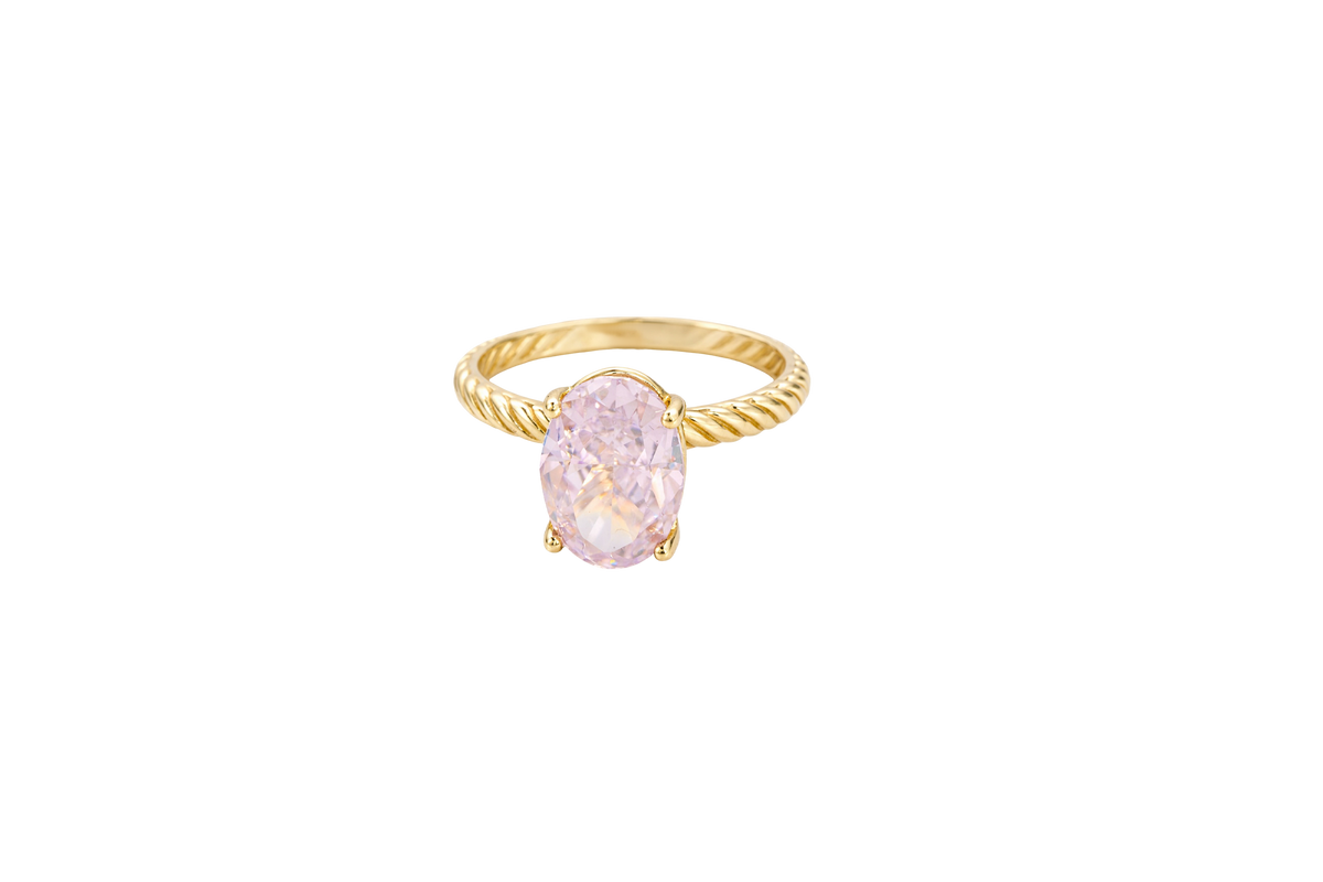 14KT Gold Ring Women's Pink Oval 4 Prong Plain Rope Band