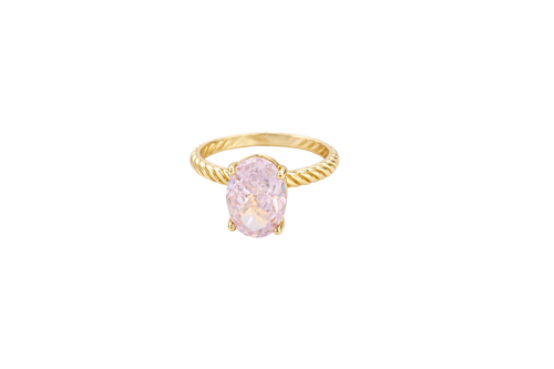 14KT Gold Ring Women's Pink Oval 4 Prong Plain Rope Band