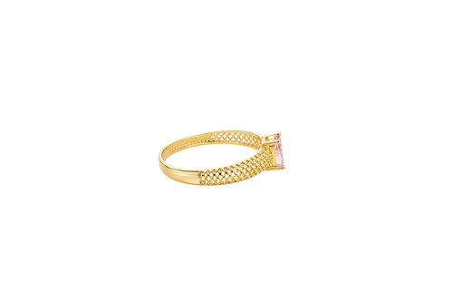 14KT Gold Ring Women's Pink Oval Center CZ Honeycomb Cutout Band