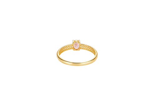 14KT Gold Ring Women's Pink Oval Center CZ Honeycomb Cutout Band