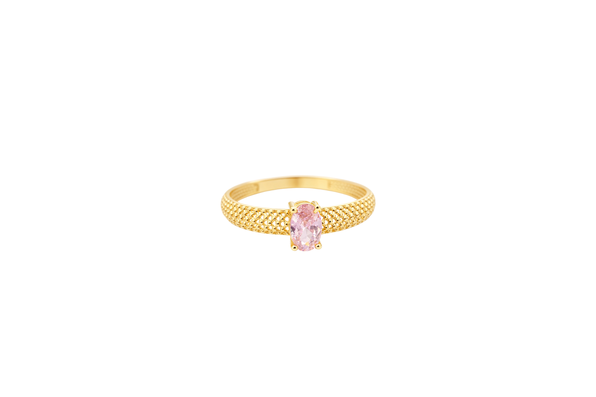 14KT Gold Ring Women's Pink Oval Center CZ Honeycomb Cutout Band